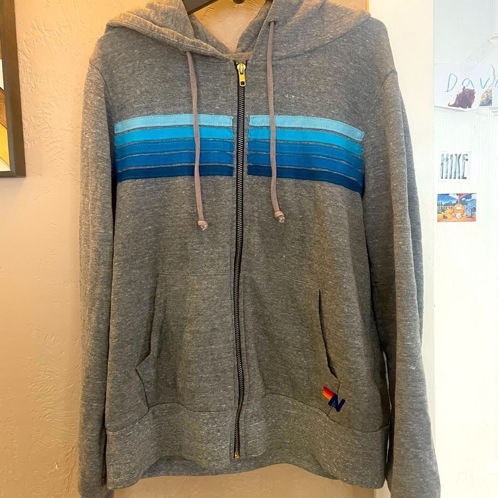 Aviator Nation stripe hoodie sweatshirt gray blue